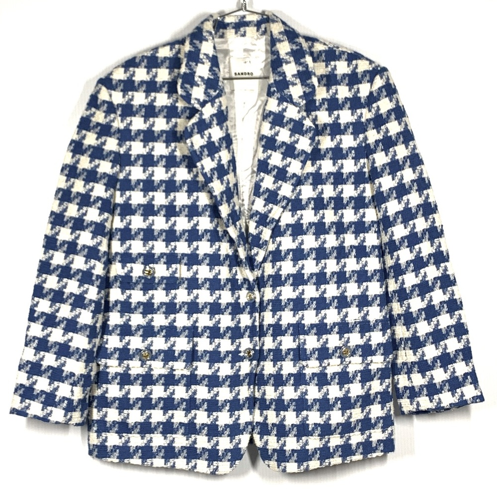 SANDRO FLORIANE SINGLE-BREASTED HOUNDSTOOTH
COTTON-BLEND WOMENS BLAZER IN BLUE - Picture 2 of 16